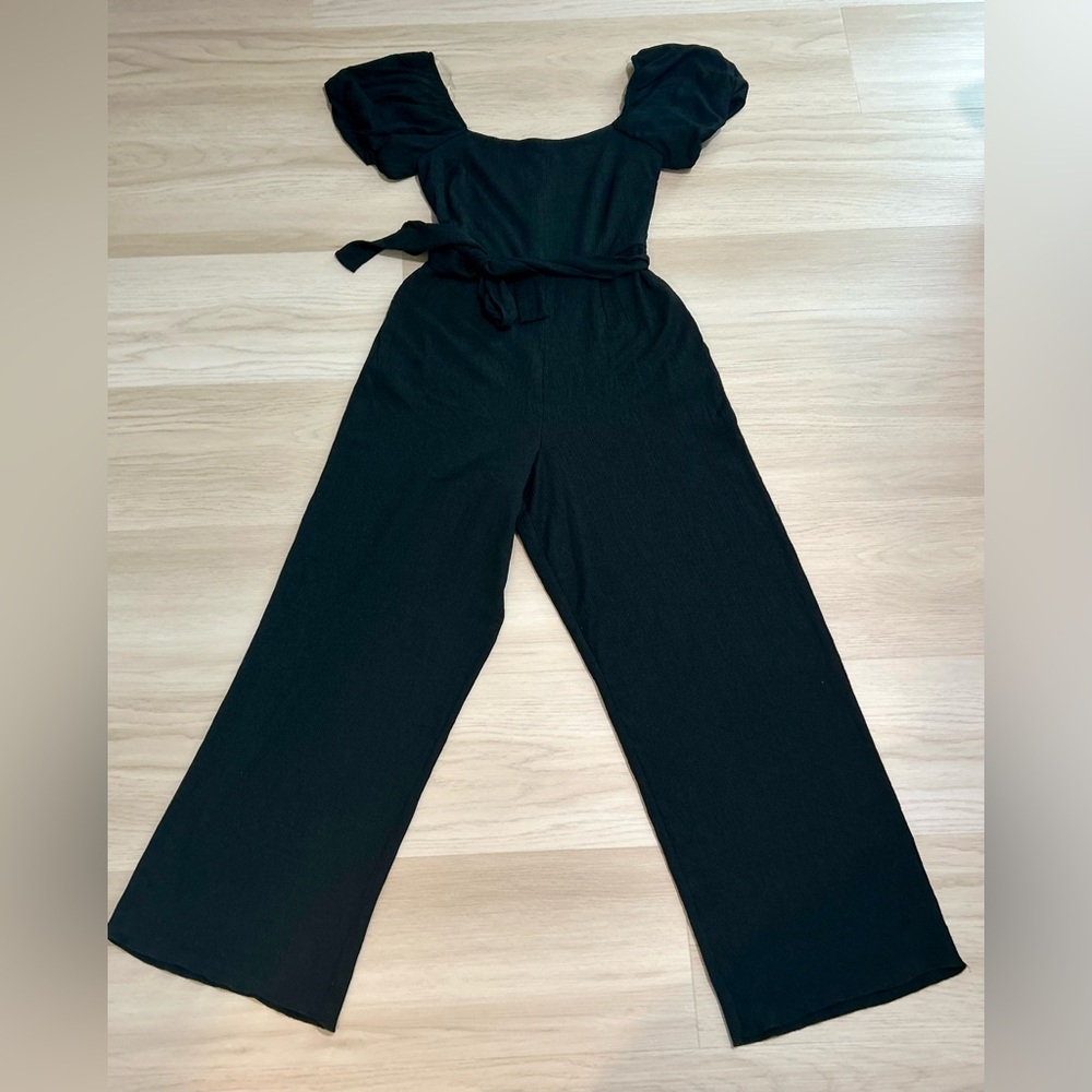 Trixxi Black Puff Sleeve Wide-Leg Jumpsuit Square Neck Tie w pockets M